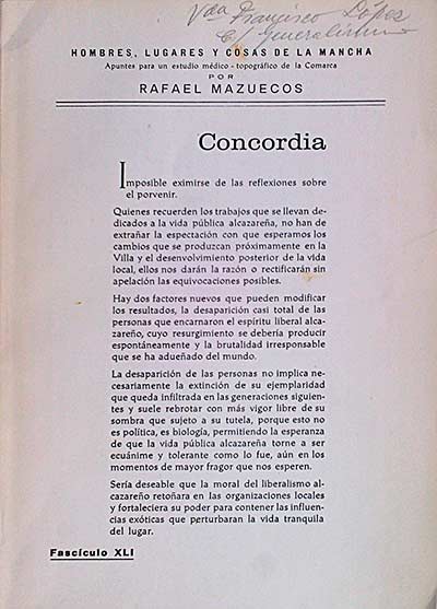 Hombres, lugares y cosas de La Mancha. Apuntes para un estudio médico-topográfico de la Comarca.Mayo de 1977. Fascículo XLI.